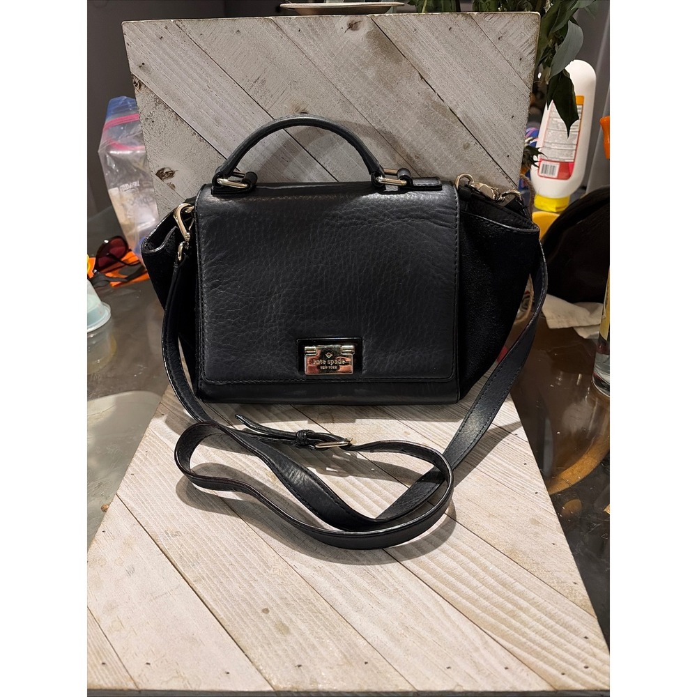 Kate Spade Black Pebbled Leather Suede Trim Crossbody Bag Top Handle Satchel - Picture 14 of 14